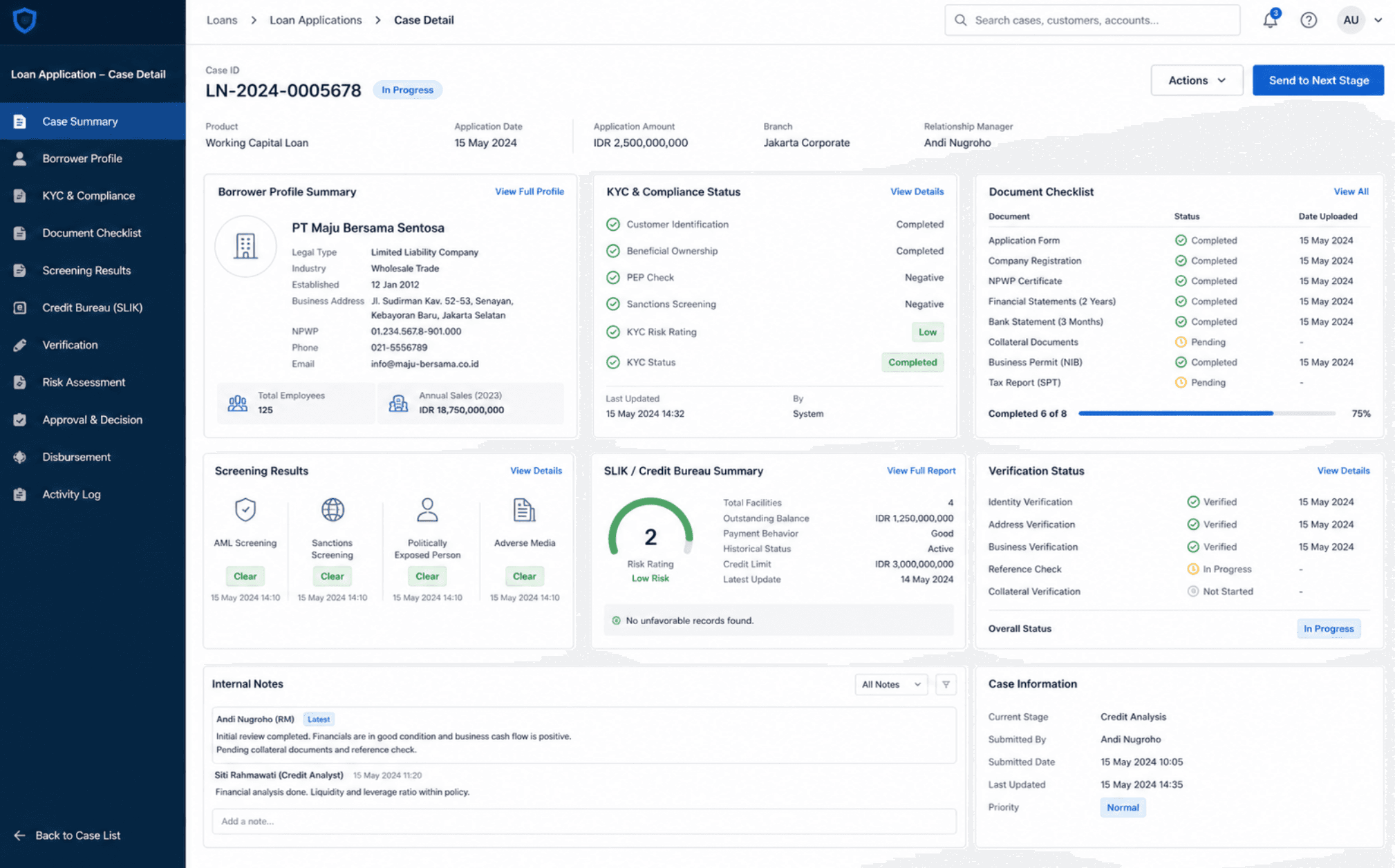 Loan application case detail screen with KYC, document checklist, and screening results