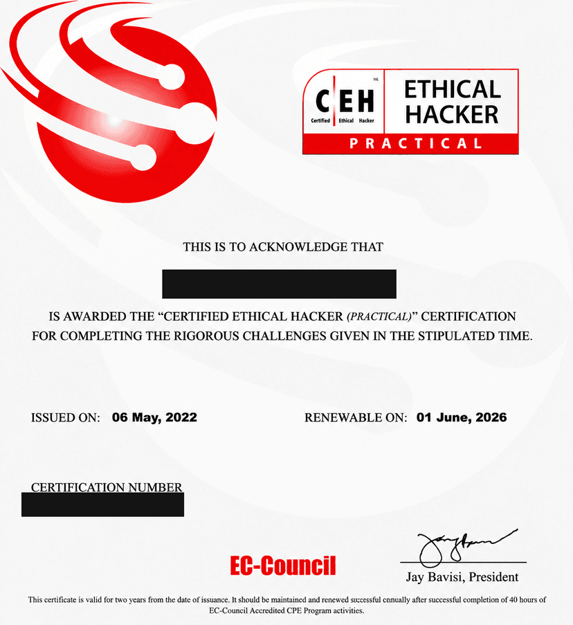 Head of Cybersecurity & Penetration Testing certificate, name and ID redacted for privacy