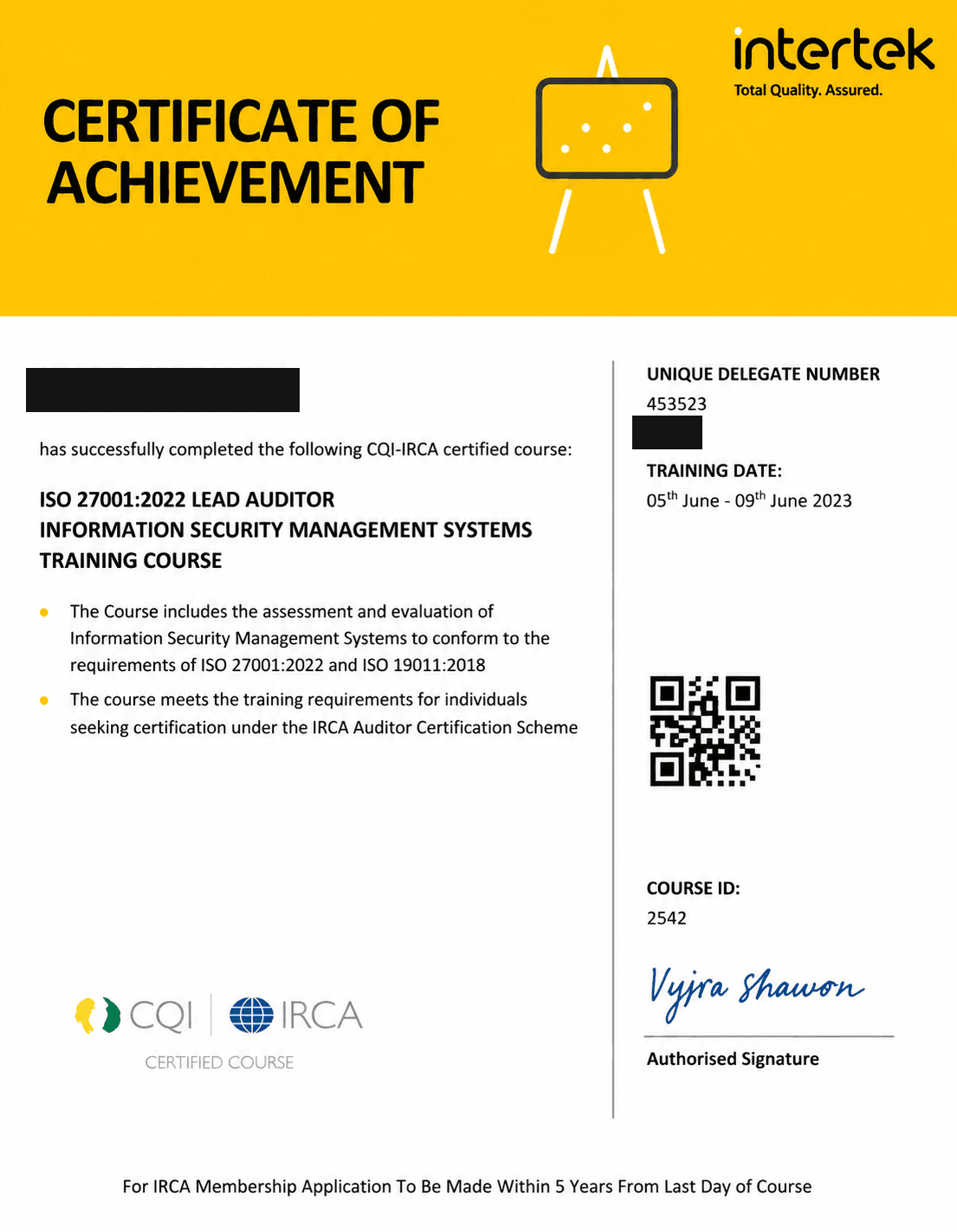 ISO/IEC 27001 Lead Auditor certificate