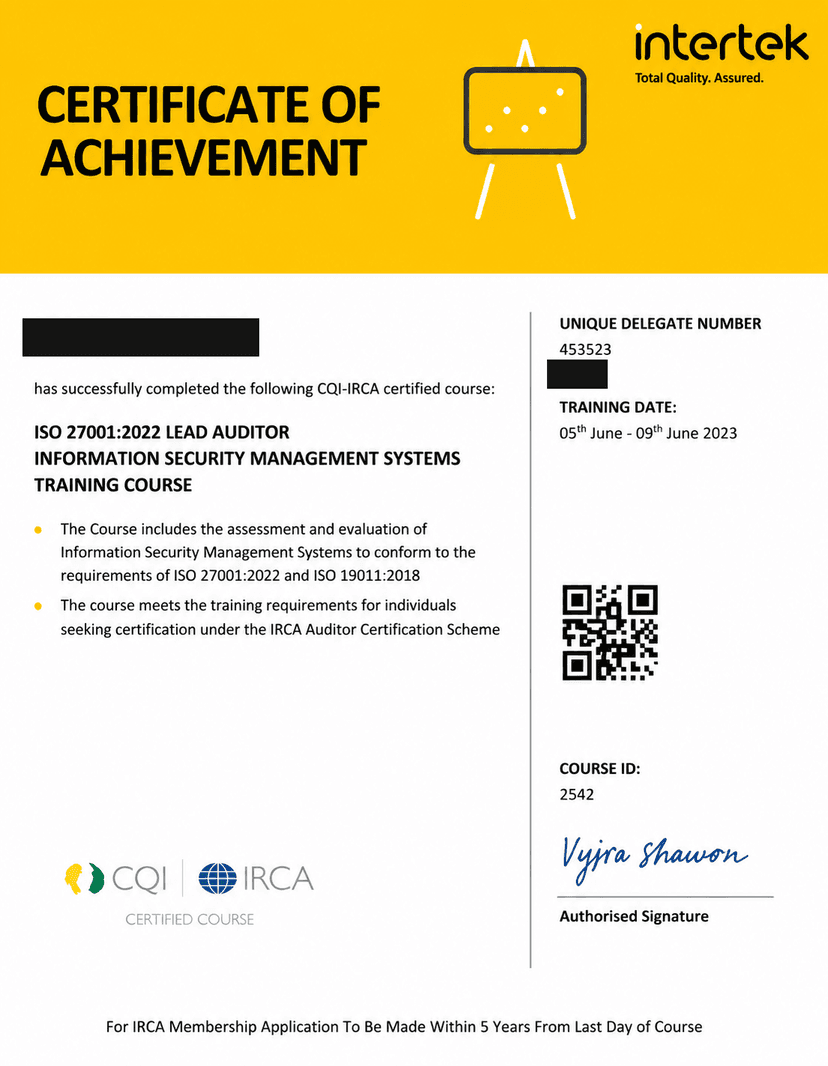 Lead ISO & Compliance Consultant certificate, name and ID redacted for privacy