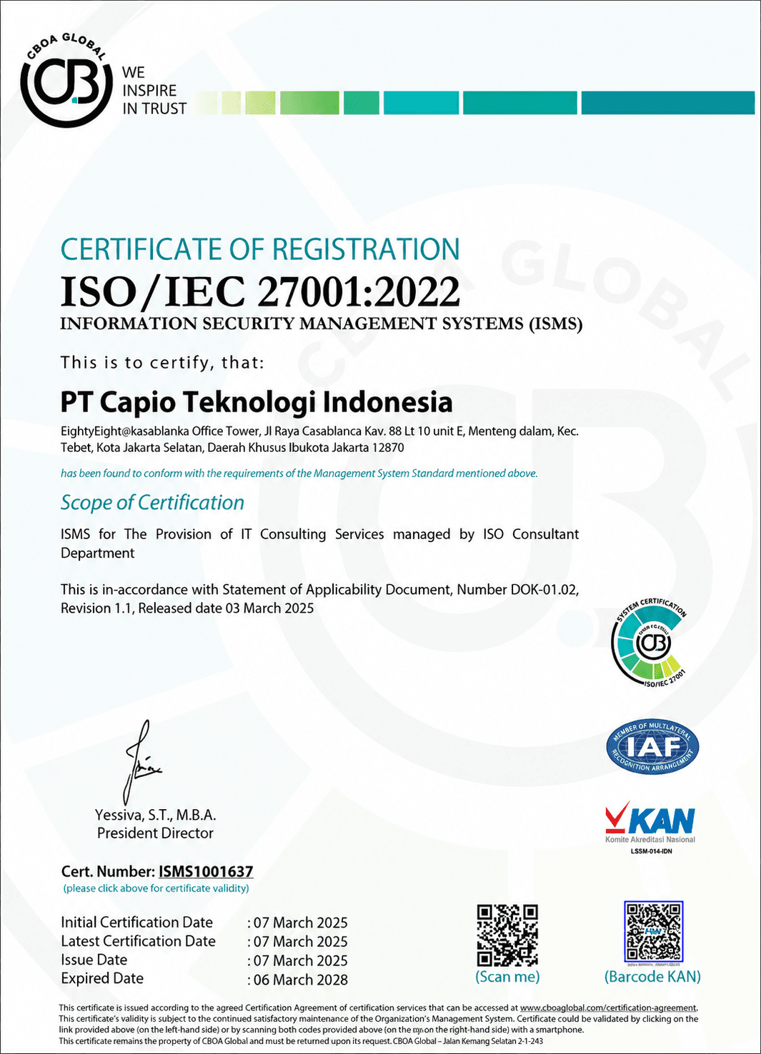ISO/IEC 27001:2022 certificate